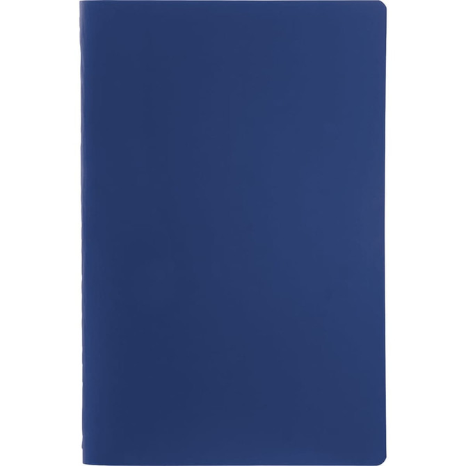 A navy blue Solid Saddlestitch Bound JournalBook featuring a smooth cover and a logo on the front.