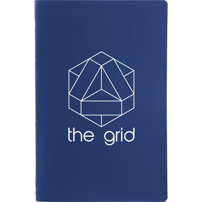 A navy blue notebook with a geometric design on the front, featuring a logo or branding.