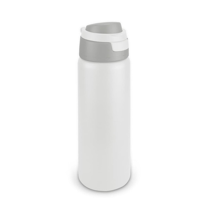 A drink bottle in white with a grey lid and a logo, featuring a sleek, modern design.