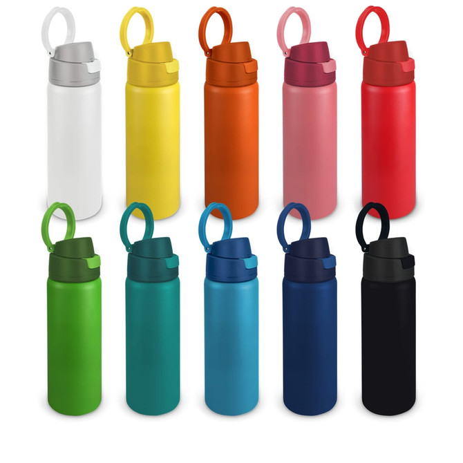 A collection of vacuum bottles in various colours, including white, grey, yellow, orange, pink, green, blue, and navy. Each features a handle.
