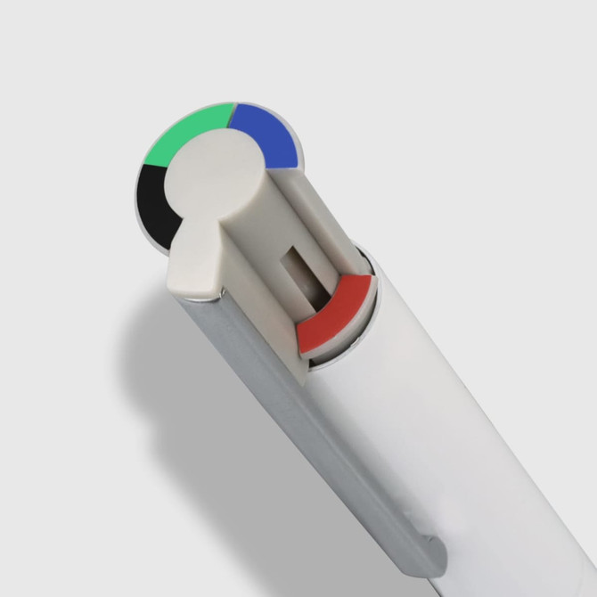 A multi-coloured pen with a white body and a round cap featuring red, green, blue, and black sections.