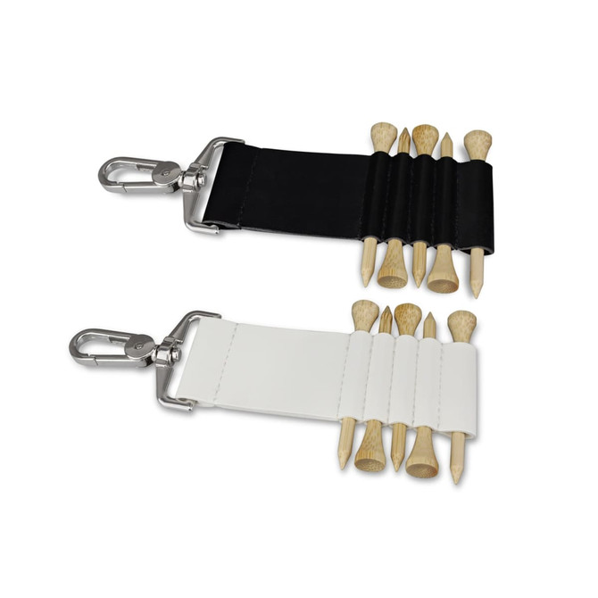 A black and white Fairway Golf Tee Holder with multiple wooden golf tees and a metal clip.