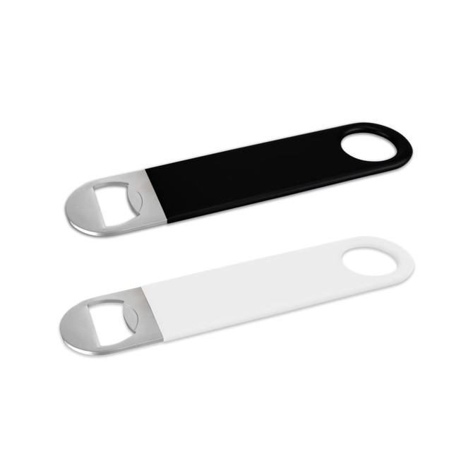 A drink bottle opener featuring a large design, available in black and white with a silver metal opener.