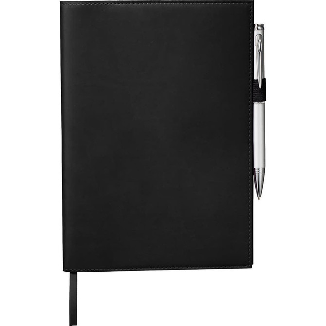A black refillable journal book with a pen attached, featuring a sleek cover and a ribbon bookmark.