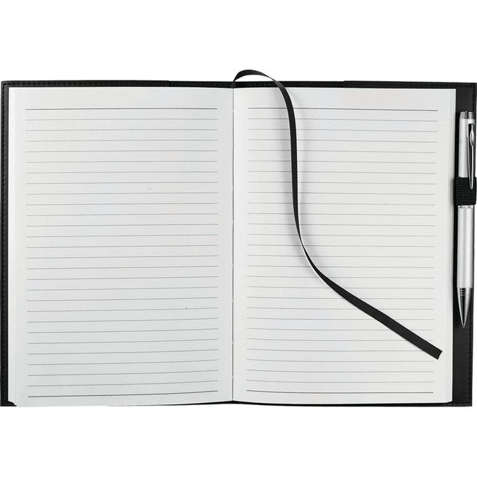 A black refillable journal with lined pages, featuring a ribbon bookmark and a pen attached.