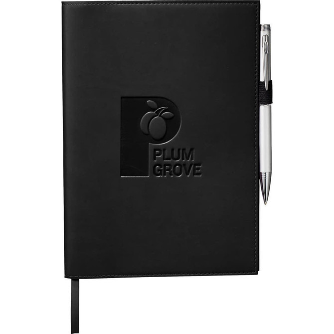 A black refillable journal with a pen attached, featuring an embossed logo on the cover.