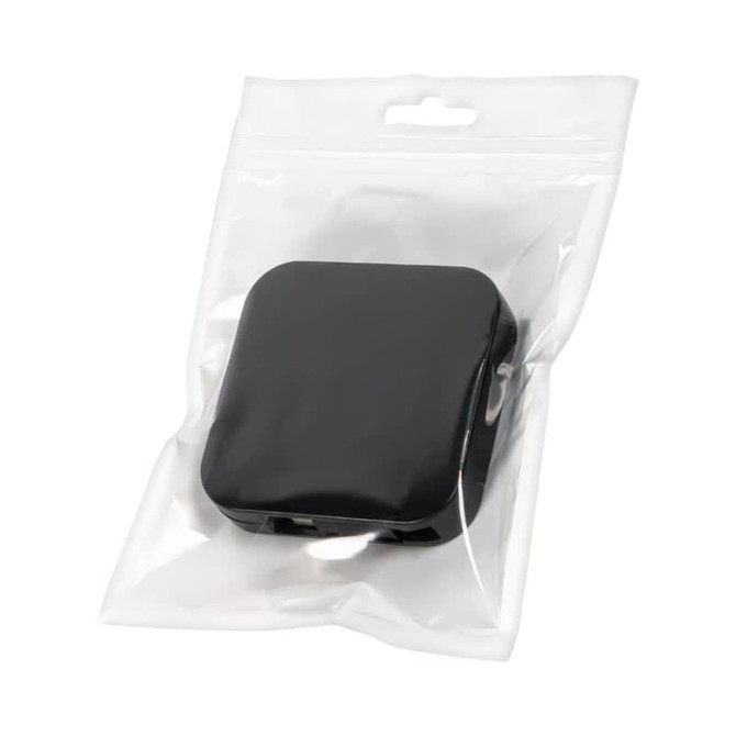 A black retractable fast charge cable and stand in a clear plastic packaging.