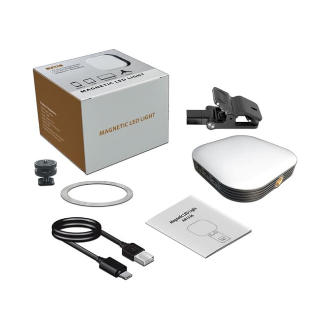 A magnetic LED selfie light in white, with a box, USB cable, clip, and instruction manual.