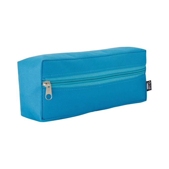 A turquoise utility case with a zippered compartment and a rectangular shape. It features a logo.