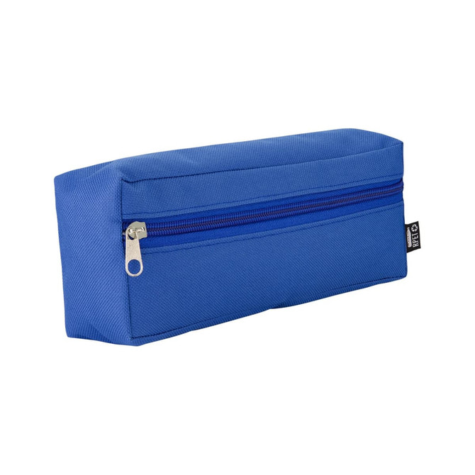 A blue utility case featuring a zippered compartment and a flat rectangular shape. It has a branded label.