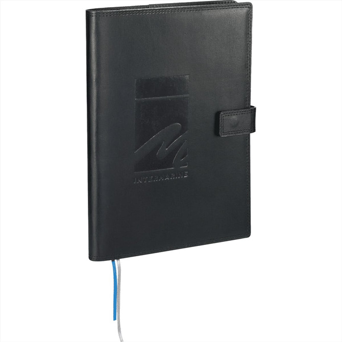 A black leather refillable journal with a clasp and a blue ribbon bookmark, featuring a branded logo.