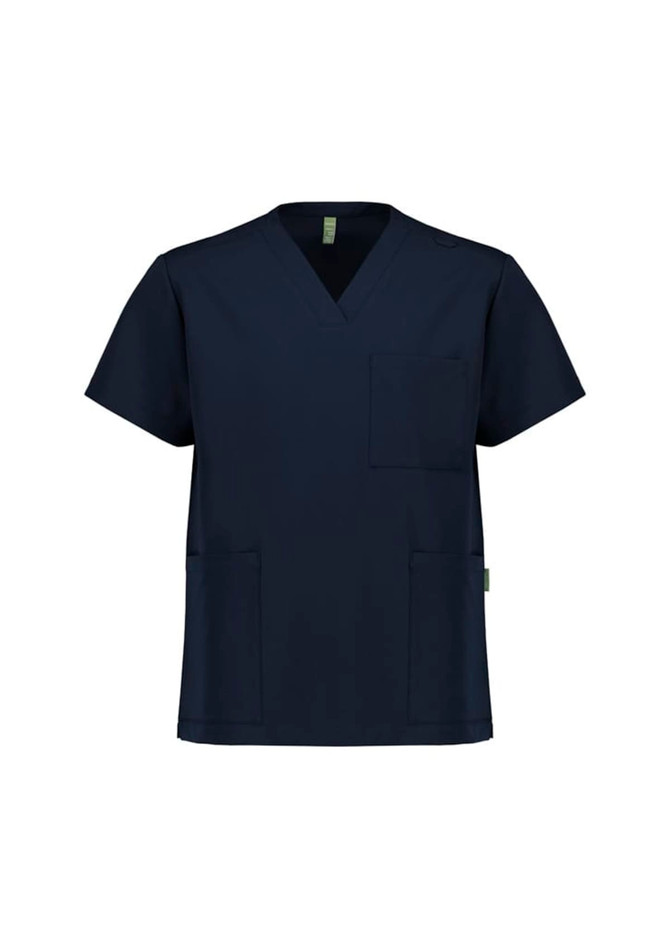 A navy unisex V-neck scrub top with short sleeves and multiple pockets. It features a branding logo.