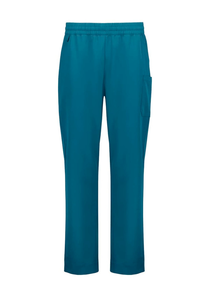 Unisex straight leg scrub pant in teal with an elastic waistband and side pocket. Features branding.