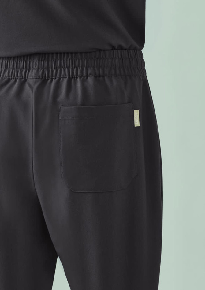 A pair of black unisex scrub pants featuring a comfortable waistband and a back pocket.