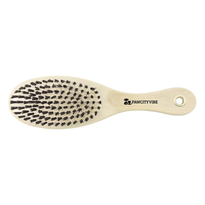 A pet grooming brush with a wooden handle and black bristles, featuring a logo on the handle.