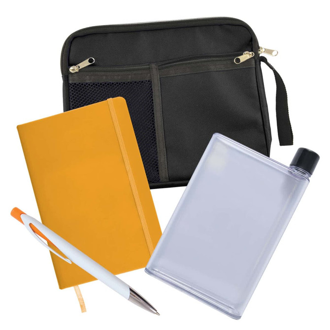 A black zippered pouch, a yellow notebook, a clear drink bottle, and a white pen with an orange accent.