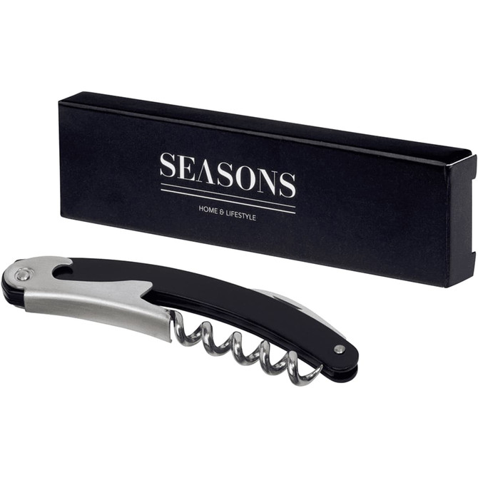 A black and silver waitress knife displayed beside its black packaging featuring a logo.