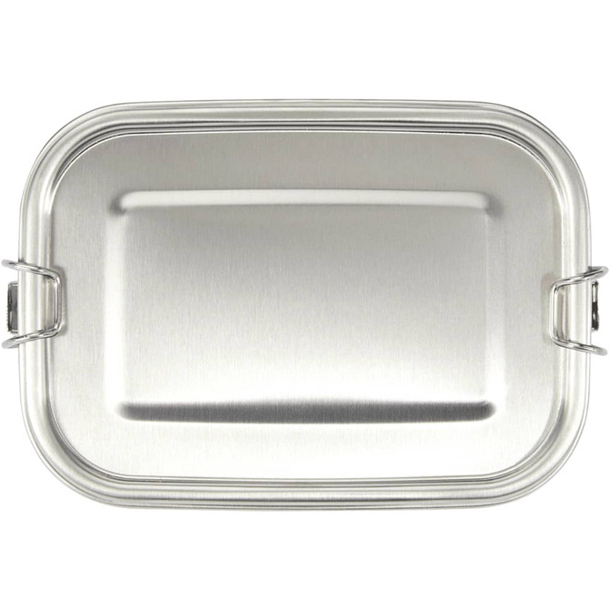 A stainless steel lunch box with a smooth, polished surface and a secure clip closure, featuring a logo.
