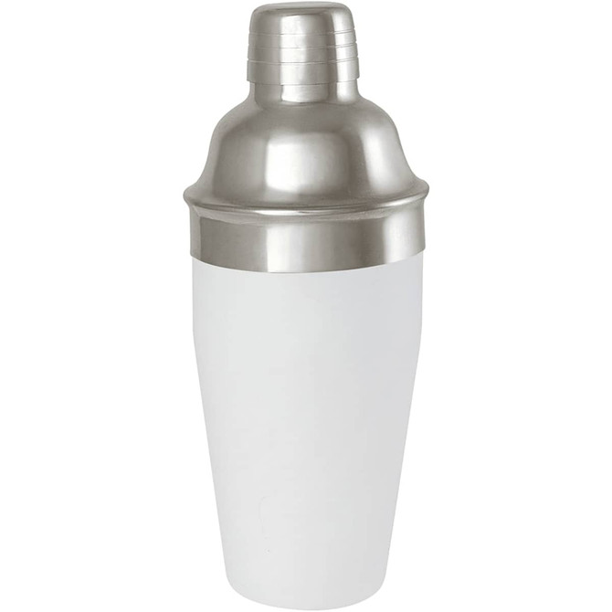 A stainless steel cocktail shaker with a white body and metallic lid, featuring a logo.