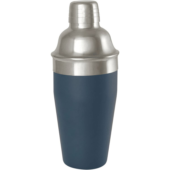 A stainless steel cocktail shaker with a matte navy blue finish and a shiny silver top. It has a logo on the side.