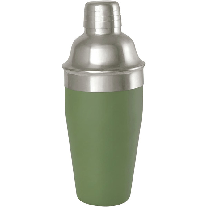 A stainless steel cocktail shaker with a matte green base and shiny silver top, featuring a logo.