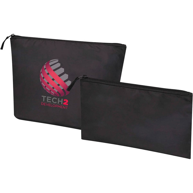 A set of two black toiletry bags with zippers, featuring a logo on the larger bag.