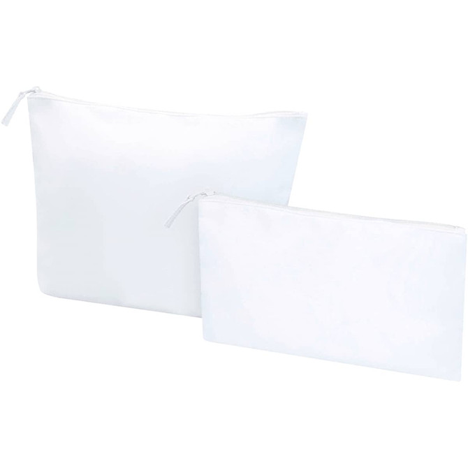 A set of two white, zippered toiletry bags of different sizes, featuring a logo.