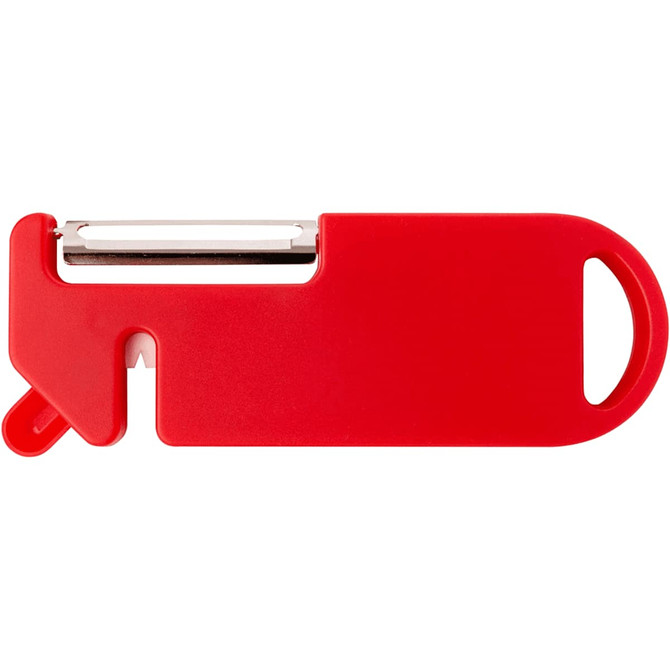 A red multi-purpose kitchen tool with a peeler and a handle. It features a simple, sleek design and includes a logo.