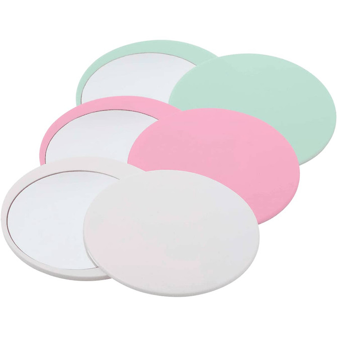 A set of round makeup mirrors in pink, mint green, and white, featuring a glossy finish and branding.