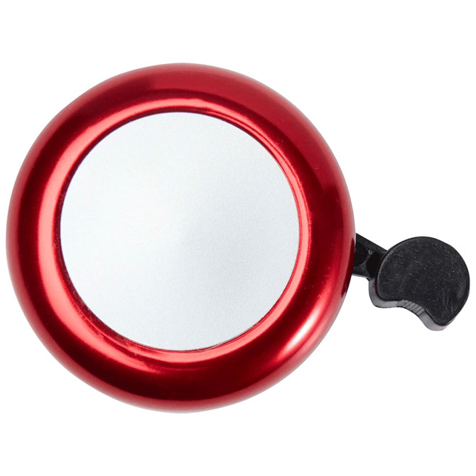 A red bicycle bell with a shiny surface and a black lever for ringing. It features a logo on its side.