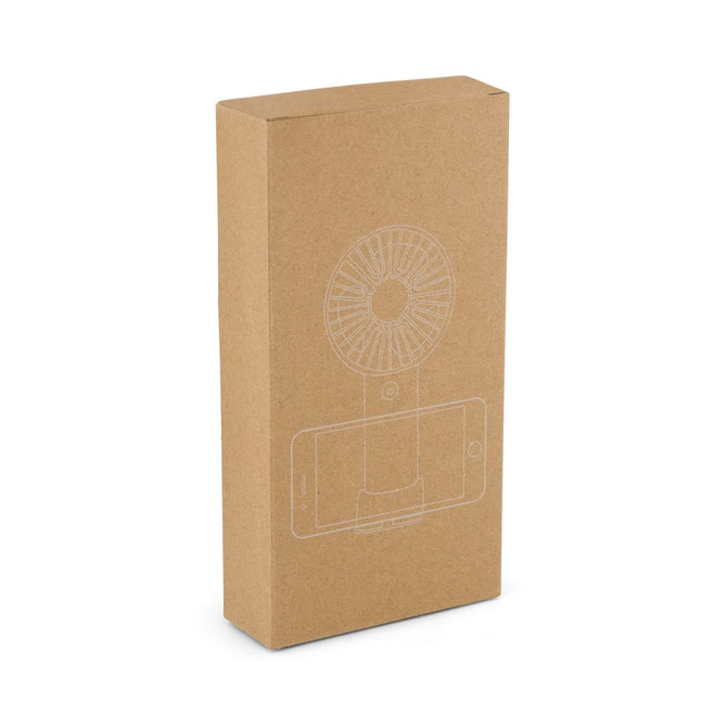 A cardboard box containing a portable fan, featuring a logo and a simple illustration of the product.
