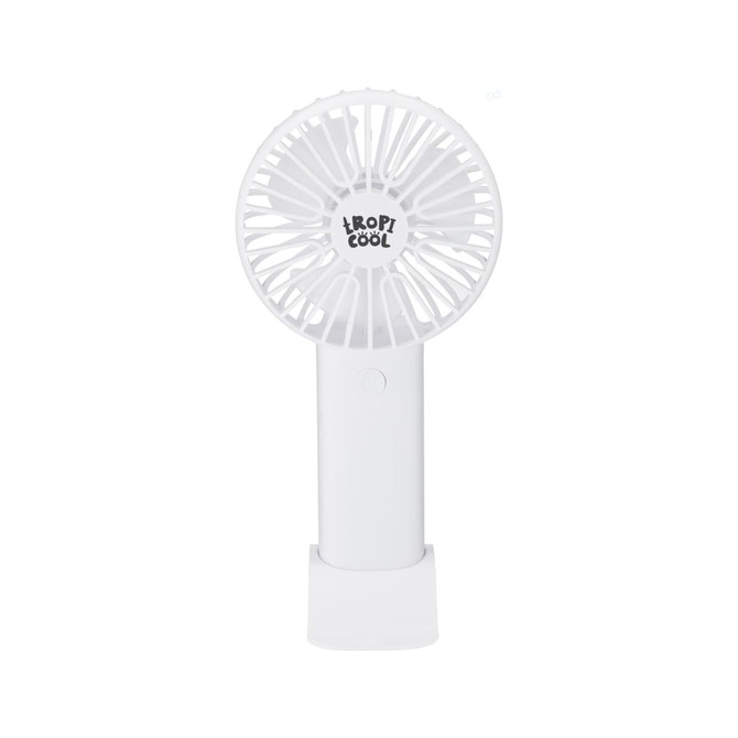 A portable white fan in a standing position with a circular grille, featuring a logo on the front.