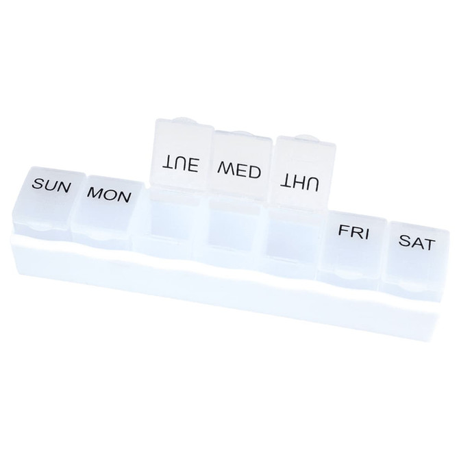 A white weekly pill organiser featuring compartments for each day of the week, with a brand logo.