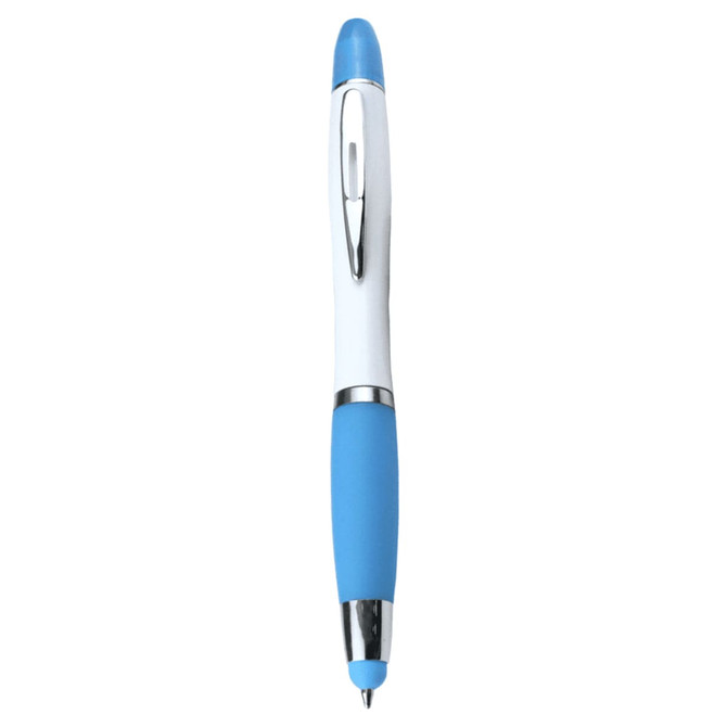 A blue ballpoint pen with a white body and blue grip, featuring a silver clip and a logo.