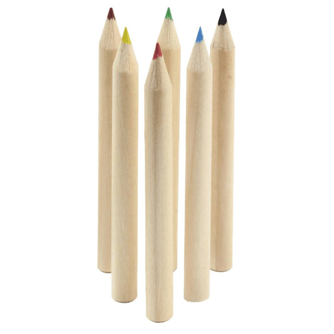 A set of six coloured pencils in red, yellow, green, blue, black, and unpainted wood. The pencils have pointed tips.