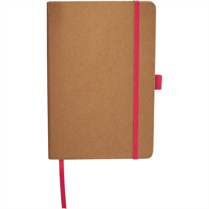 A Colour Bound JournalBook with a kraft cover and bright pink elastic closure, featuring a ribbon bookmark and logo.
