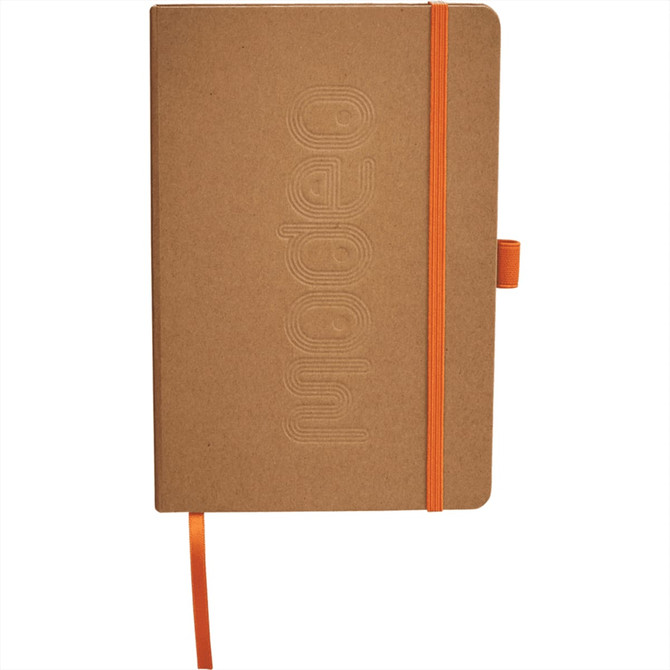 A kraft paper journal with an orange elastic band and bookmark. It features a branding logo on the cover.
