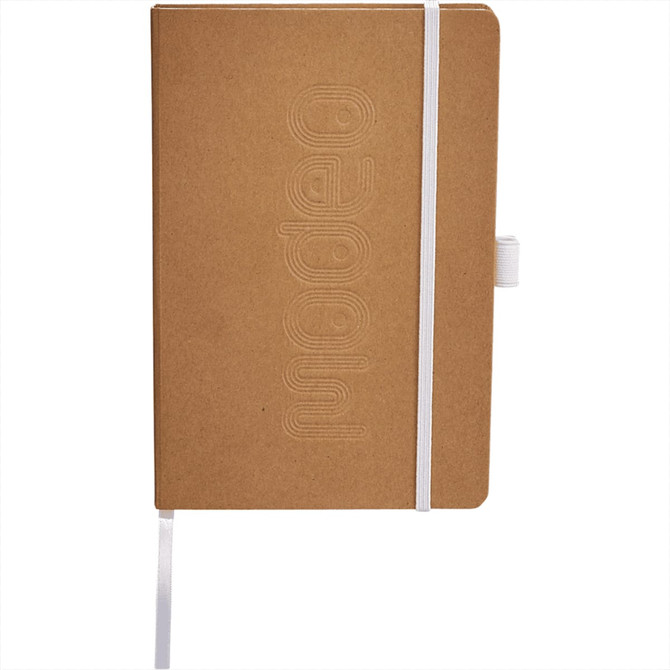 A brown journal with an embossed design, featuring a white elastic band and ribbon bookmark. Includes a logo.