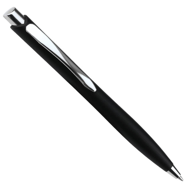 A black ballpoint pen with a click action and a silver clip, featuring a sleek, modern design.