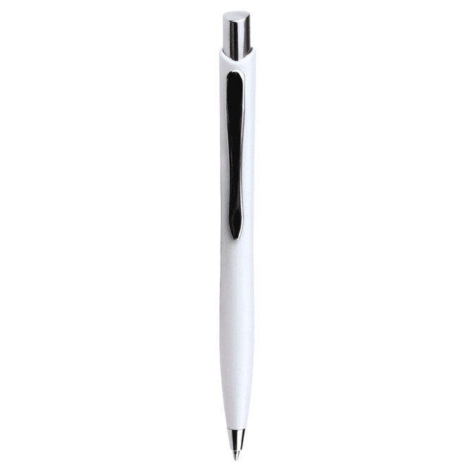 A ballpoint pen in white with a black clip and a chrome tip, featuring a branding logo.