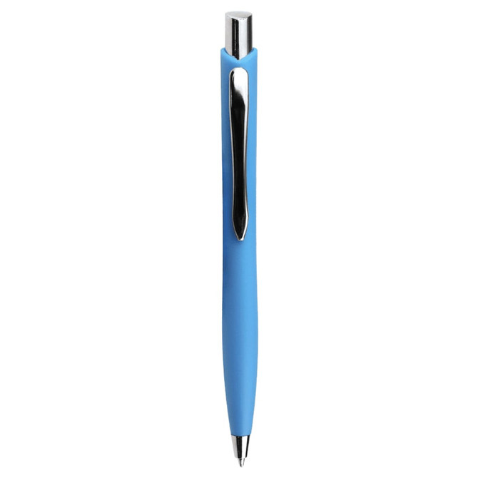 A blue ballpoint pen with a sleek design and a metallic clip. It features a smooth grip for comfortable writing.