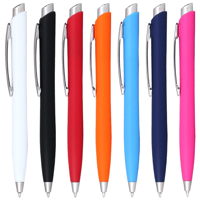 A collection of Odin Click Action Ballpoint Pens in white, black, red, orange, blue, navy, and pink, each with a logo.