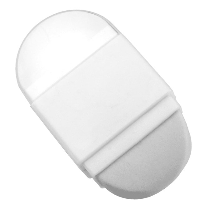 A white pencil sharpener with a built-in eraser, featuring a smooth, rounded design and a simple branding logo.