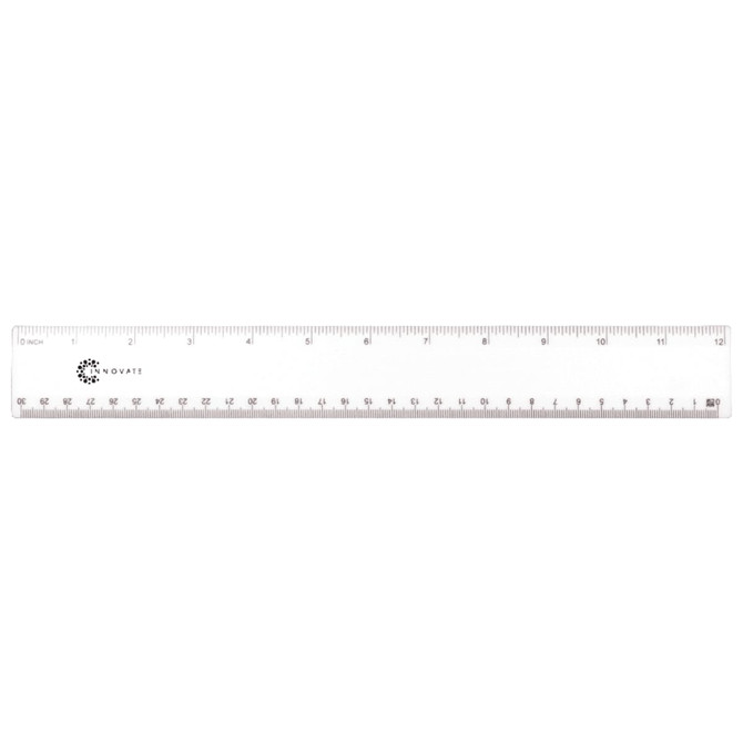 A clear plastic 30cm ruler featuring measurement markings and a branding logo. Suitable for office or educational use.