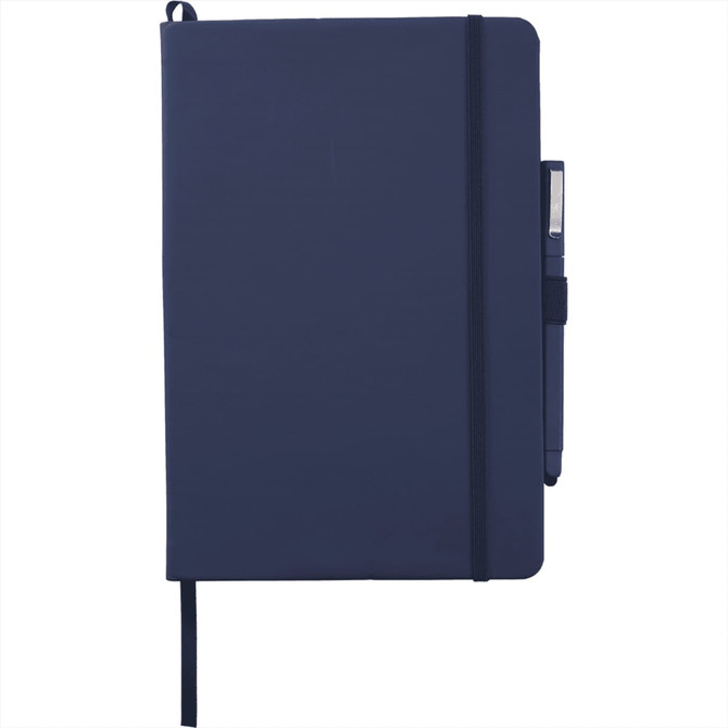 A navy blue hardbound journal with an elastic closure and a pen loop, featuring a logo on the cover.
