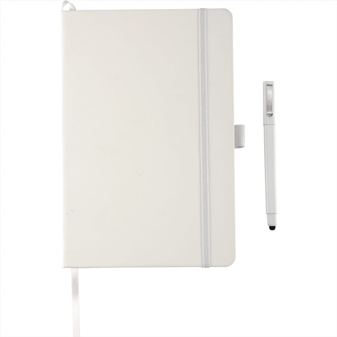A large, hard-bound journal in white with a pen beside it, featuring a logo on the cover.