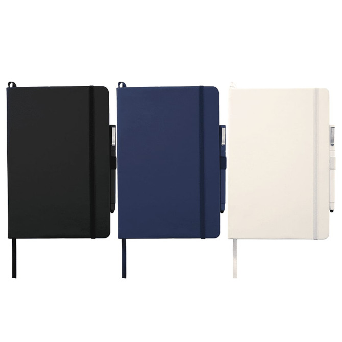 A collection of three large hard bound journals in black, navy, and white, each with a pen holder.