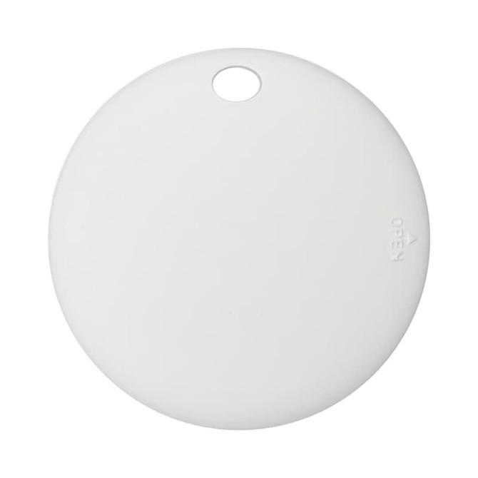 A round white tracking tag with a hole for attachment, featuring a branding logo on one side.