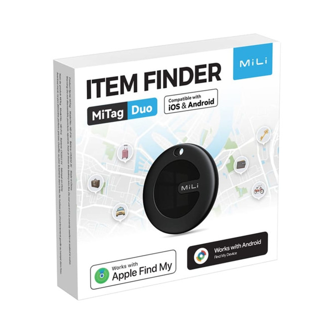 A black tracking tag in a white box with a logo, featuring a map design in the background.