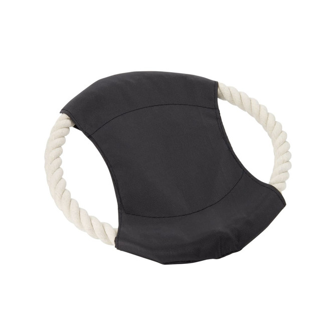A black fabric dog toy with a rope handle. The toy features a rounded shape and a sturdy design.